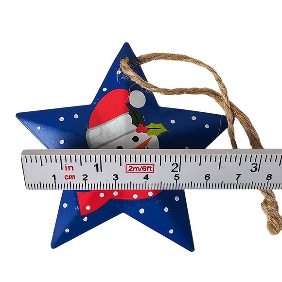 6 Christmas Star Metal Ornaments Blue Snowman Holiday Tree Hanging Decor 3" Lot - Picture 4 of 8